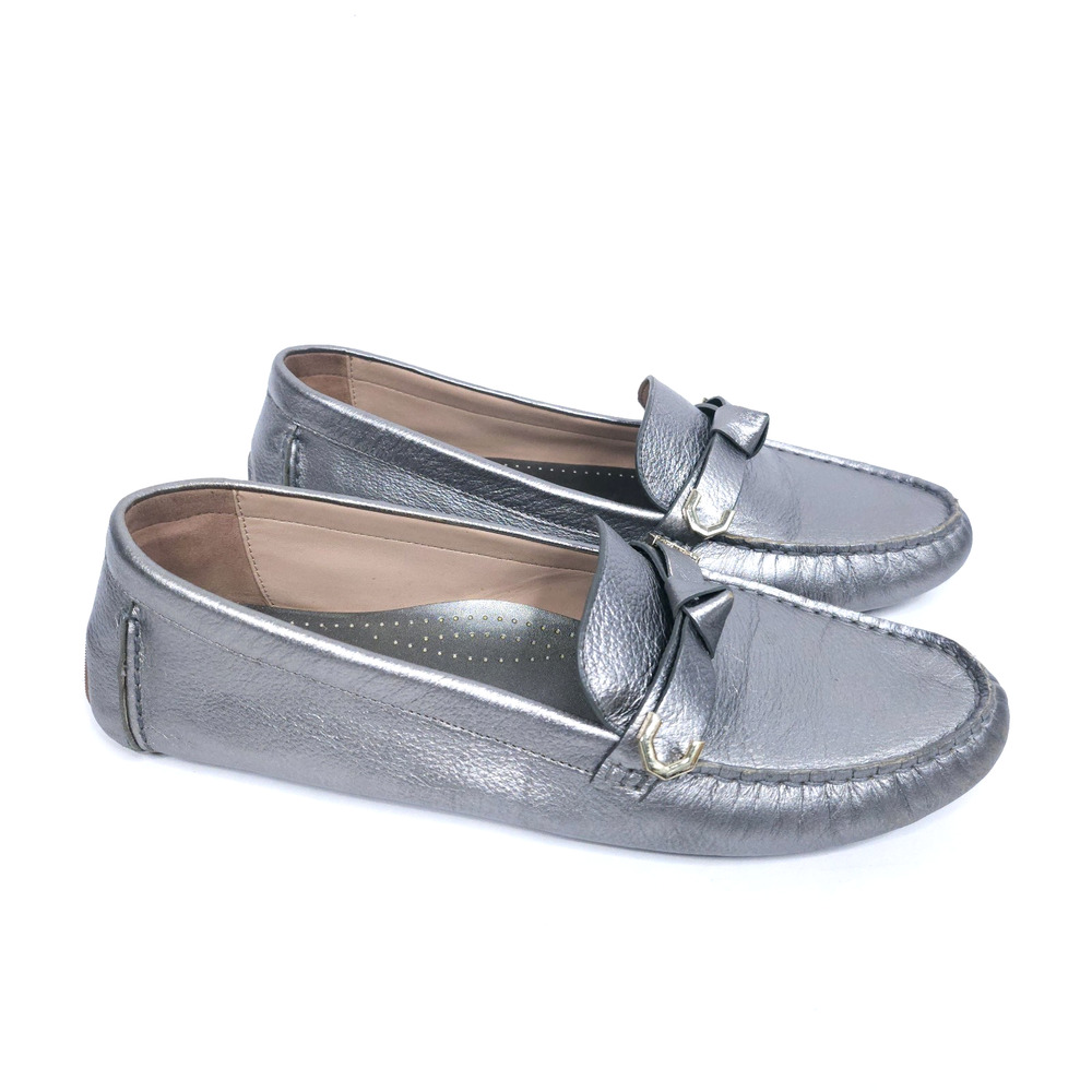 Cole Haan Evelyn Bow Driver Metallic Gray Loafers Shoes Womens Size 10.5 B